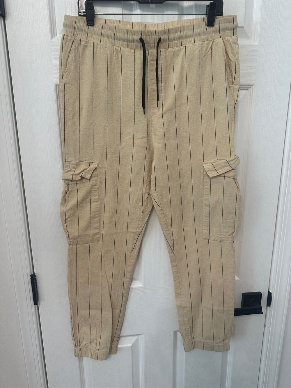 SHEIN Beige Pinstripe Cargo Jogger Pants with Black Drawstring
